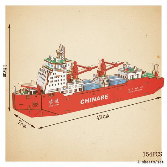 Puzzle 3D en bois d'un bateau de marchandise rouge avec détails colorés étiqueté CHINARE X. - vue 2