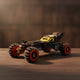 Puzzle 3D Batmobile en bois, roues rouges, corps noir/gris, détails jaunes.