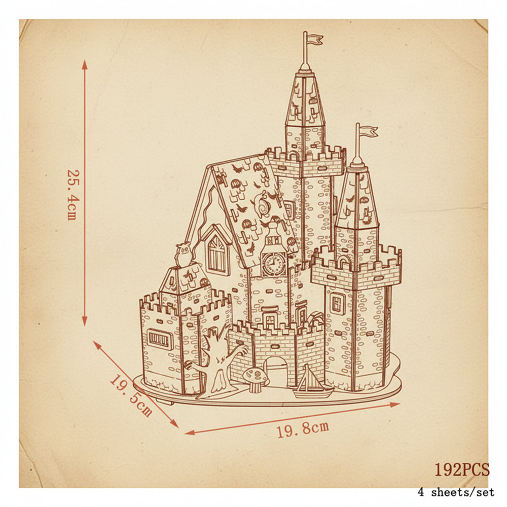 Puzzle en bois 3D représentant un château fort rouge et beige. - vue 2