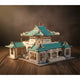 Puzzle 3D en bois représentant une librairie chinoise traditionnelle avec toits verts et fenêtres...
