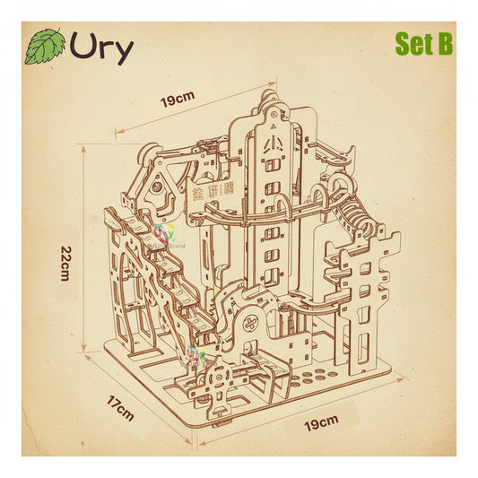 Puzzle 3D en bois d'un circuit de billes complexe avec rampes et engrenages, billes incluses. - vue 2