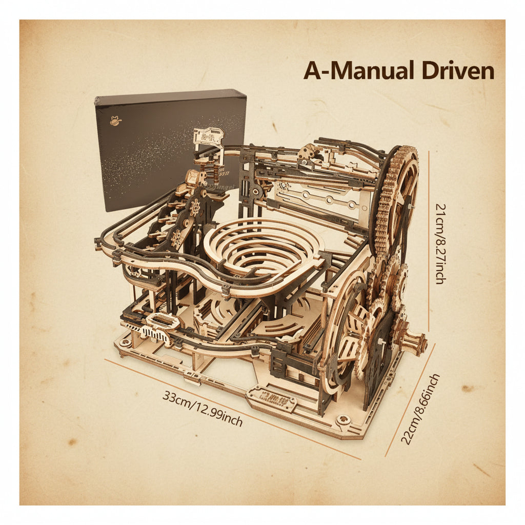 Puzzle 3D en bois avec éléments métalliques noirs, parcours de billes complexe - vue 2