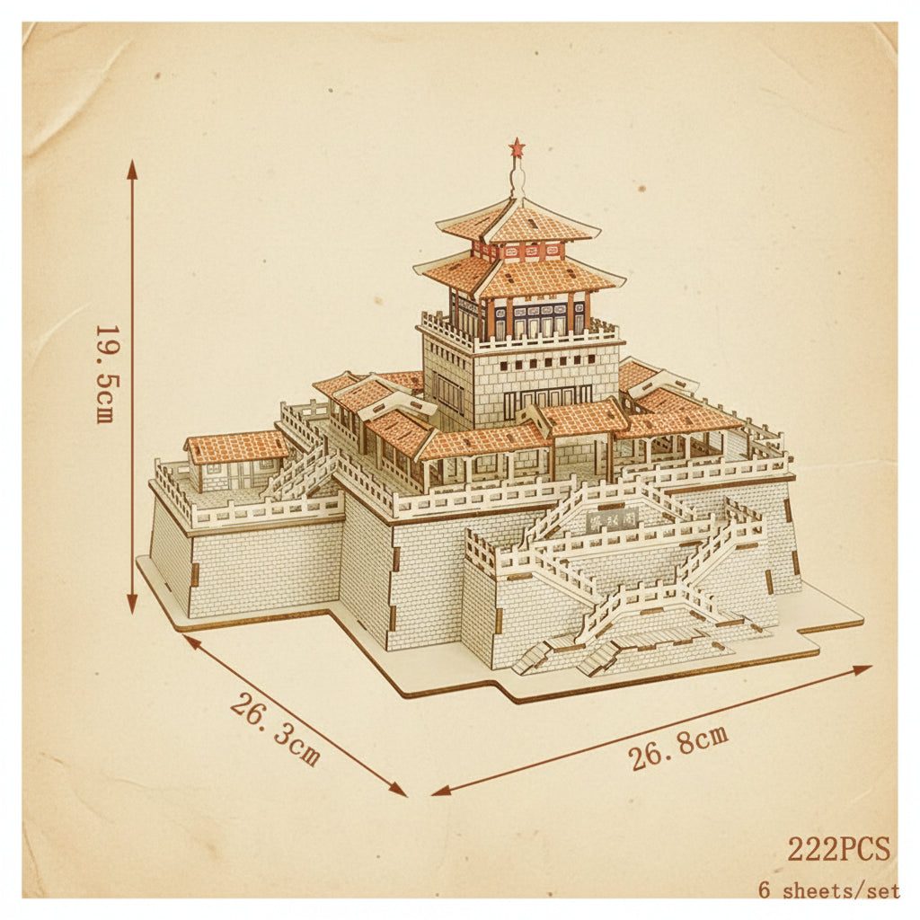 Pavillon chinois traditionnel en bois 3D avec toits bruns et murs blancs. - vue 2
