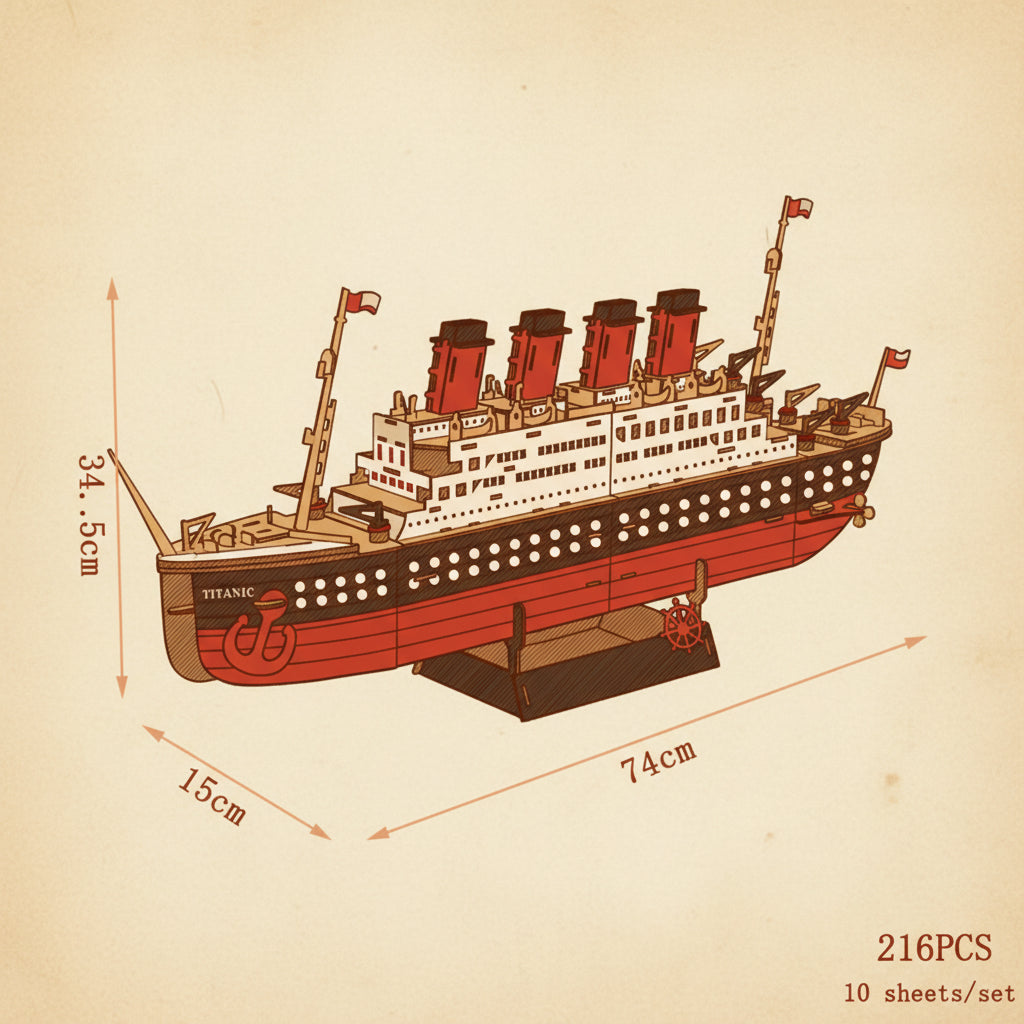 Puzzle 3D du Titanic en bois rouge et blanc sur base noire avec roues. - vue 2