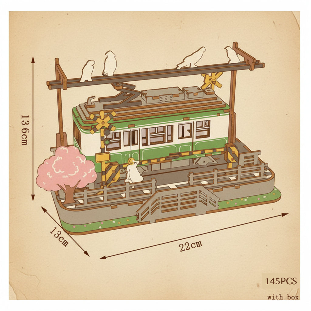 Puzzle 3D en bois de tramway avec personnages et arbres roses. - vue 2