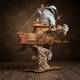 Puzzle 3D en bois d'un vaisseau spatial steampunk avec voiles et engrenages sur un socle.