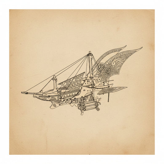 Puzzle 3D en bois d'un vaisseau steampunk détaillé avec motifs bleus et dorés, flottant. -vue2