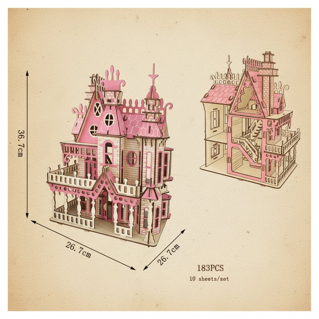 Puzzle 3D en bois d'une villa rose détaillée. - vue 2