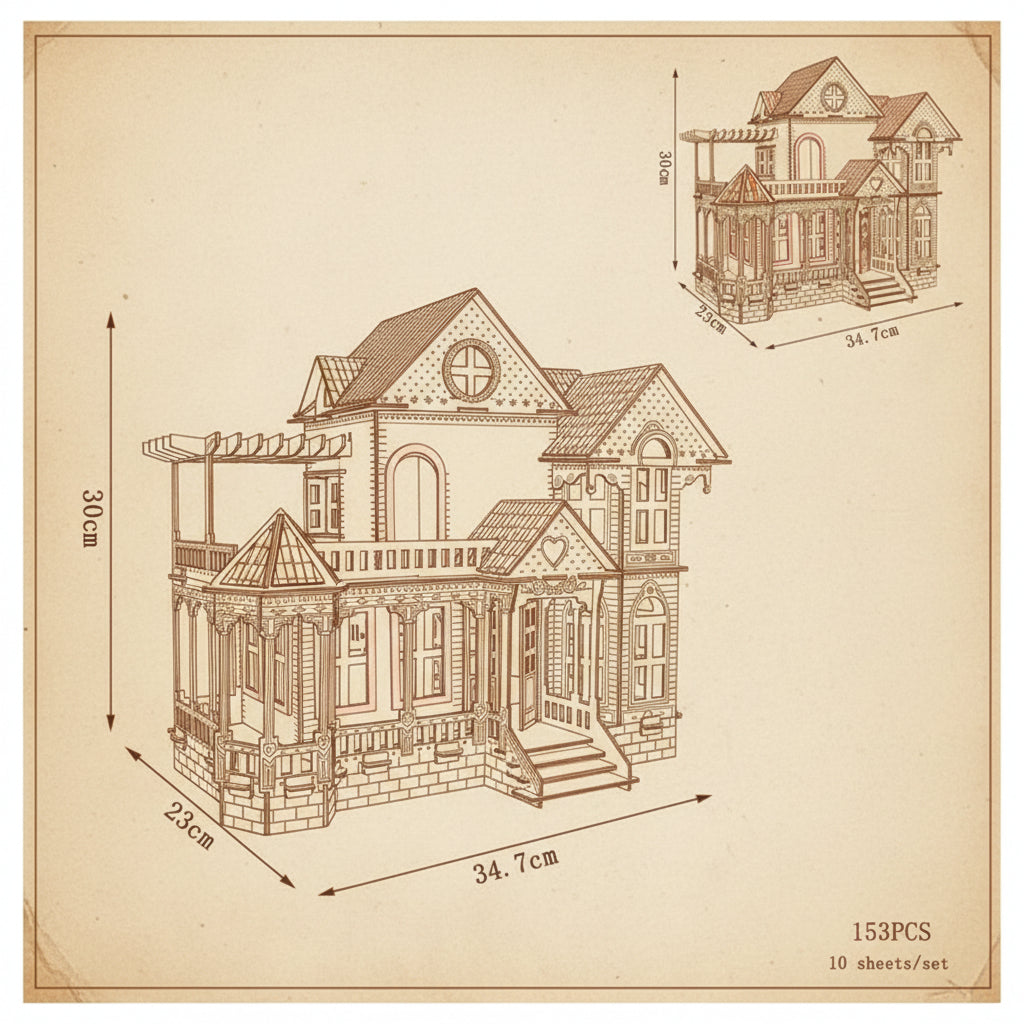 Puzzle 3D de villa victorienne en bois blanche, bleue et rouge avec balcons et pignons. - vue 2