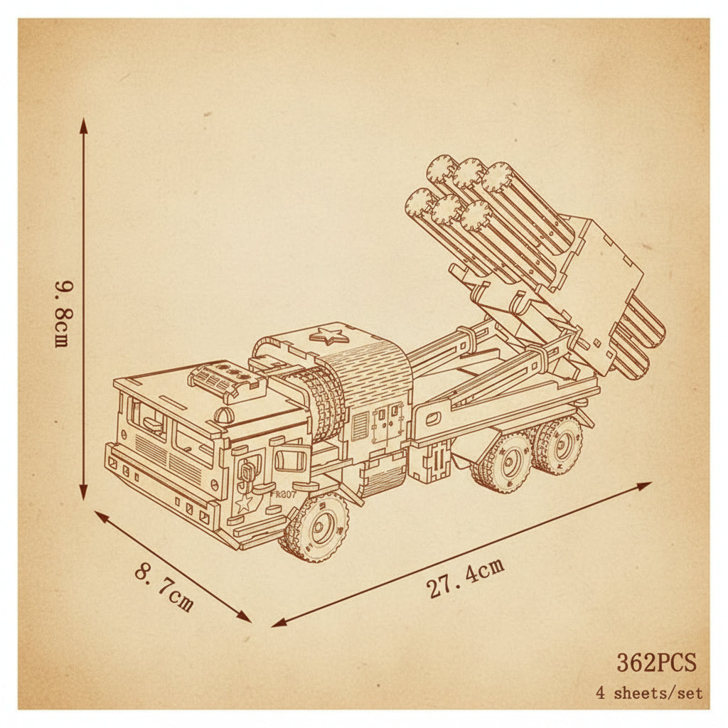 Puzzle 3D en bois d'un blindé bleu-vert avec missiles rouges et verts. - vue 2