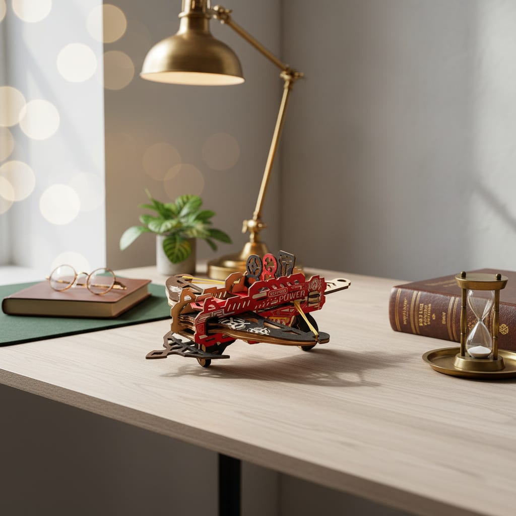 Puzzle 3D du Arbalète Rouge en Bois, placé sur une cheminée en pierre
