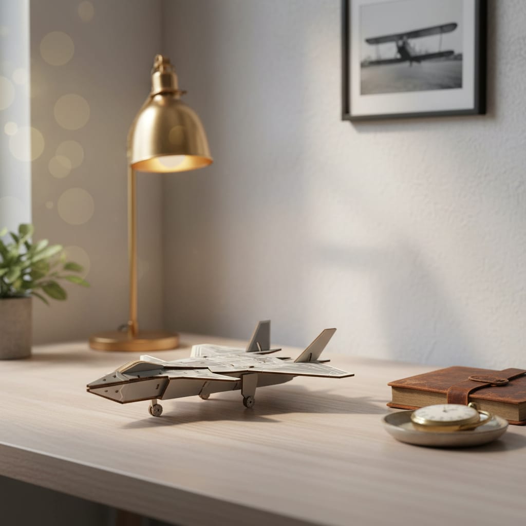 Puzzle 3D du Avion de chasse, placé sur une cheminée en pierre