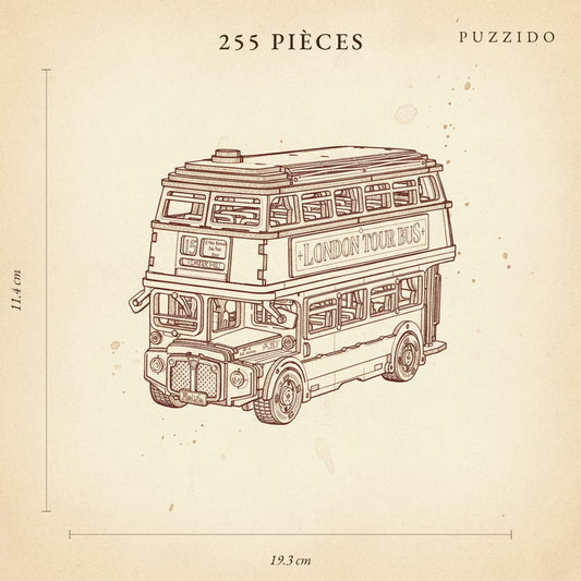Puzzle 3D : Bus Londonien en Bois, présenté comme un plan technique sur fond beige avec dimensions.