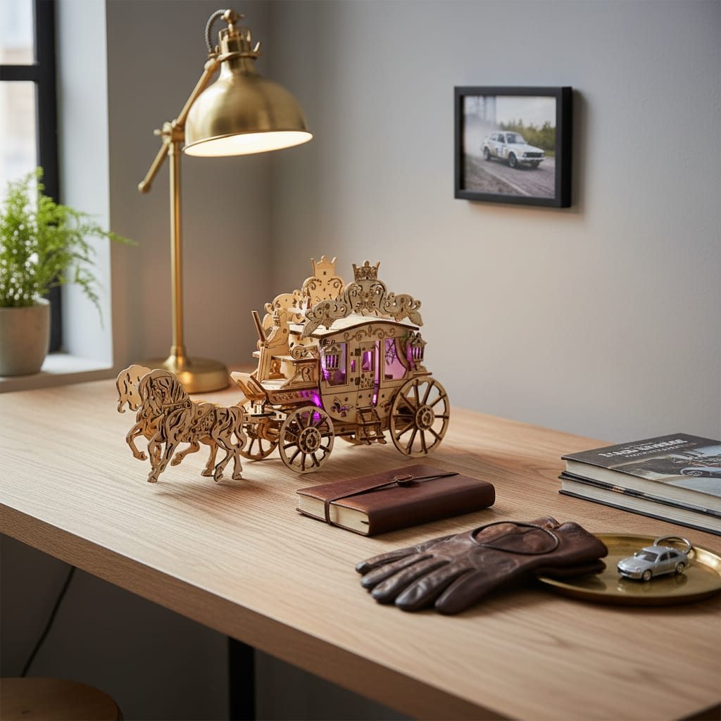 Puzzle 3D du Charette Royale en Bois, placé sur une cheminée en pierre