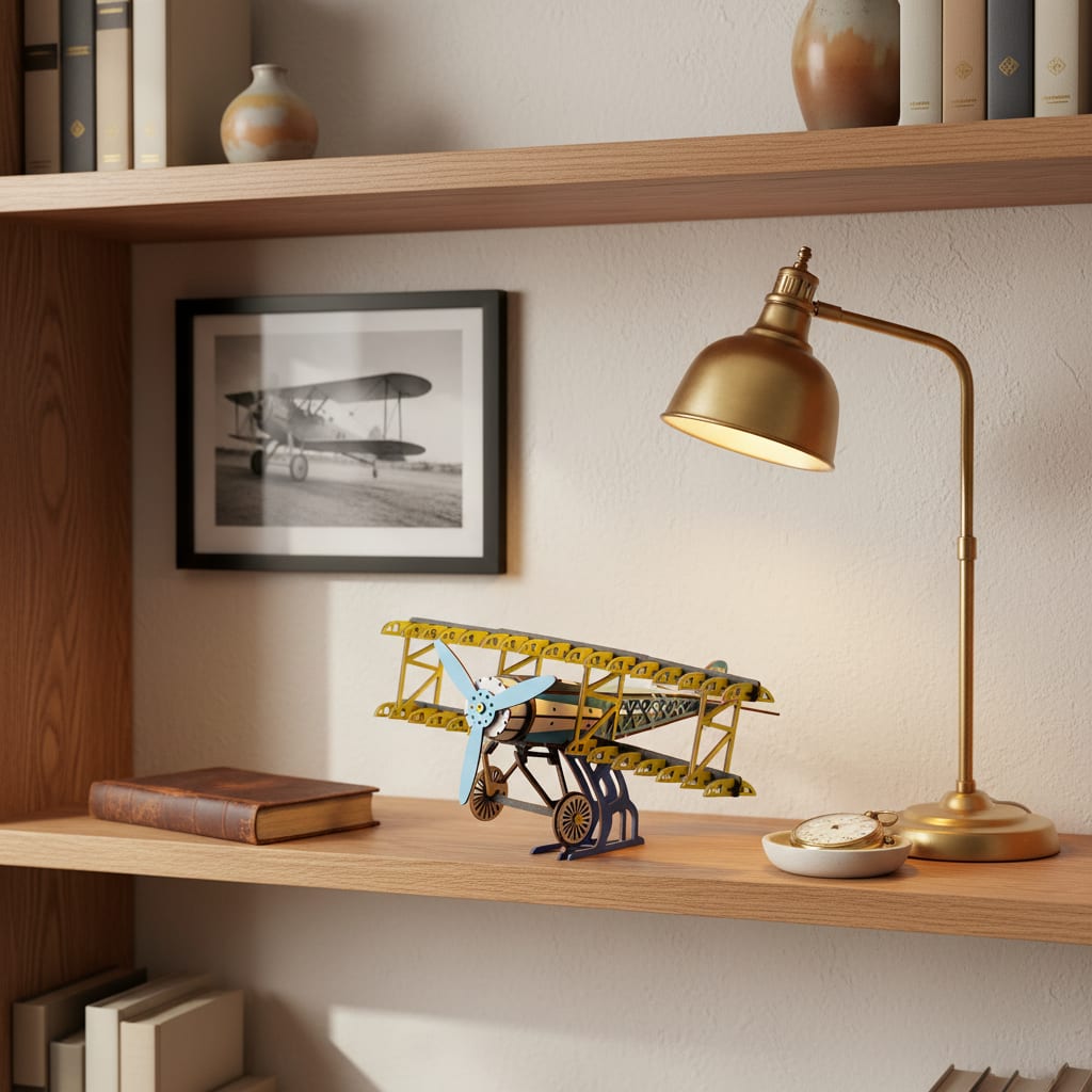 Puzzle 3D du Fokker Dr.I Bleu en Bois, placé sur une cheminée en pierre