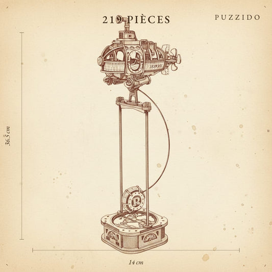Puzzle 3D du Sous-Marin à Pendule en Bois, plan technique avec dimensions