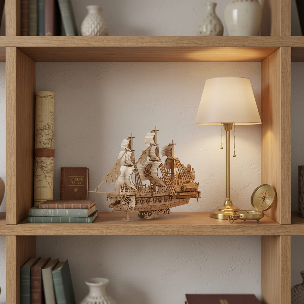 Puzzle 3D du Hollandais Volant, placé sur une cheminée en pierre