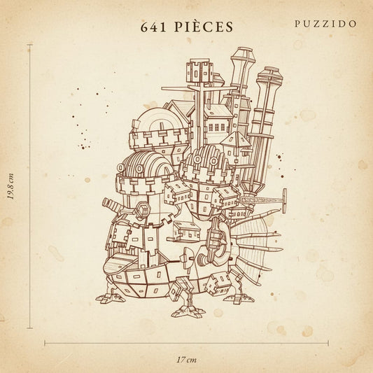 Puzzle 3D en Bois Château Ambulant Peint — Ghibli — plan technique.