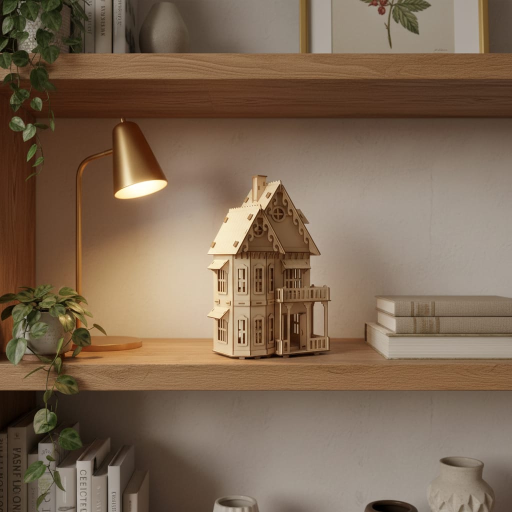 Puzzle 3D du Maison de Poupée en Bois, placé sur une cheminée en pierre
