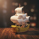 Puzzle 3D du Navire Marchand de Soie, vue studio sur surface en noyer
