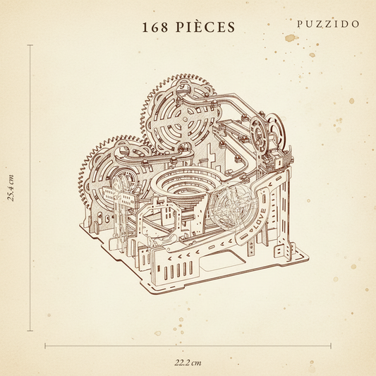 Puzzle 3D du Parcours de Billes Électronique — plan technique 168 pièces.