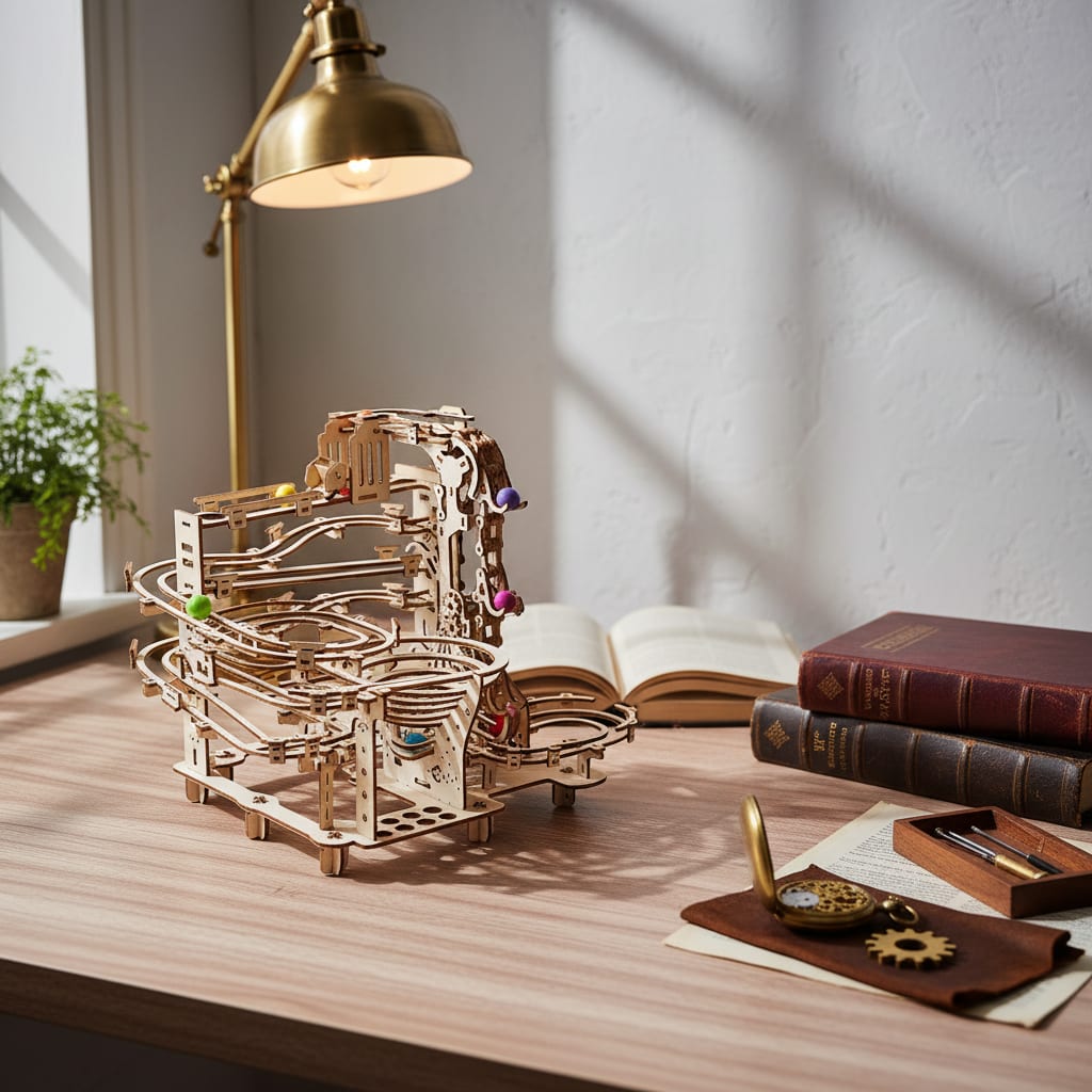 Puzzle 3D du Parcours de Billes Multi-étages en bois, placé sur une cheminée en pierre.