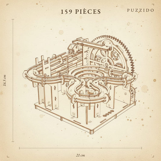 Puzzle 3D en Bois Parcours de Billes Simple — plan technique.