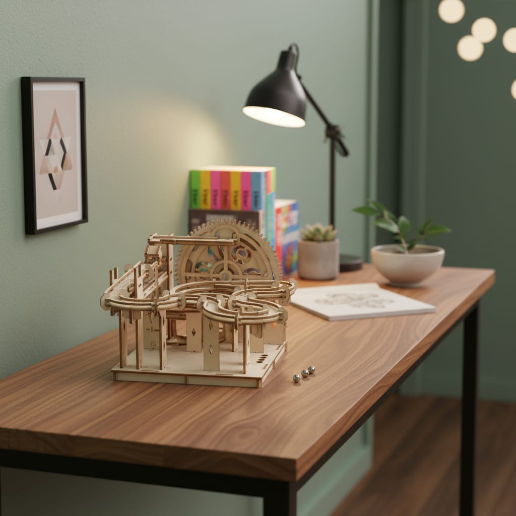 Puzzle 3D parcours de billes spirale sur une console en bois dans un intérieur contemporain