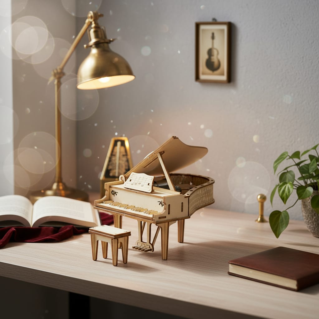 Puzzle 3D du Piano - Boîte à musique, placé sur une cheminée en pierre