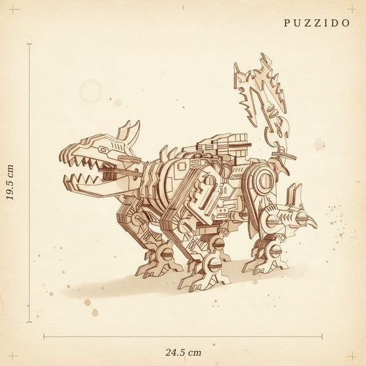 Puzzle 3D du Robot Dinosaure en Bois, plan technique avec dimensions