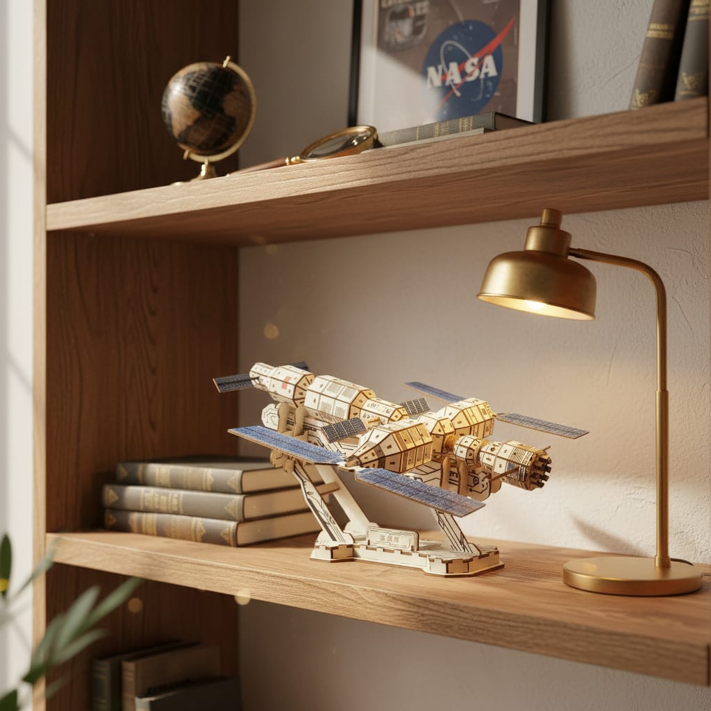 Puzzle 3D du Station Spatiale en Bois, placé sur une cheminée en pierre