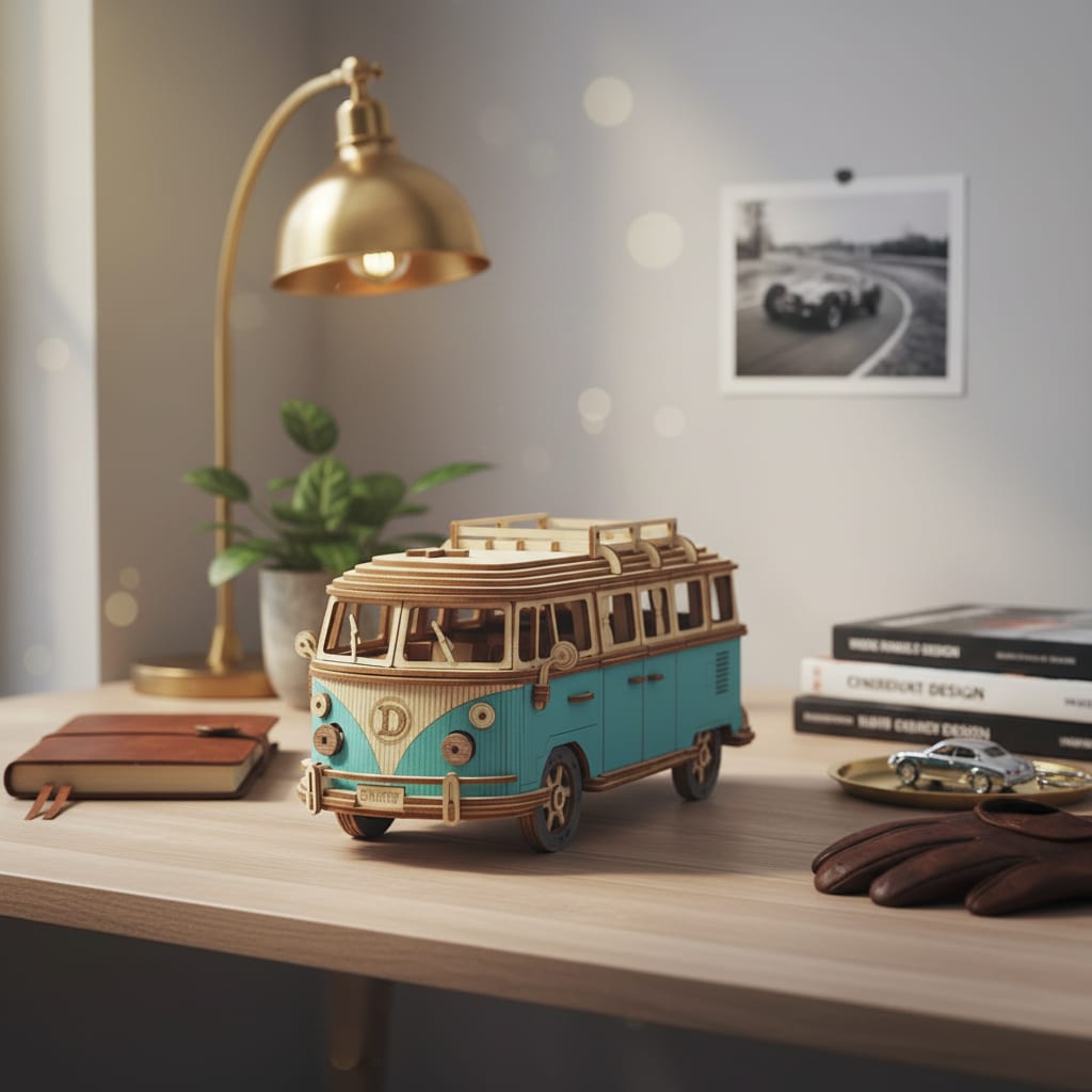 Puzzle 3D du Van Bleu, placé sur une cheminée en pierre