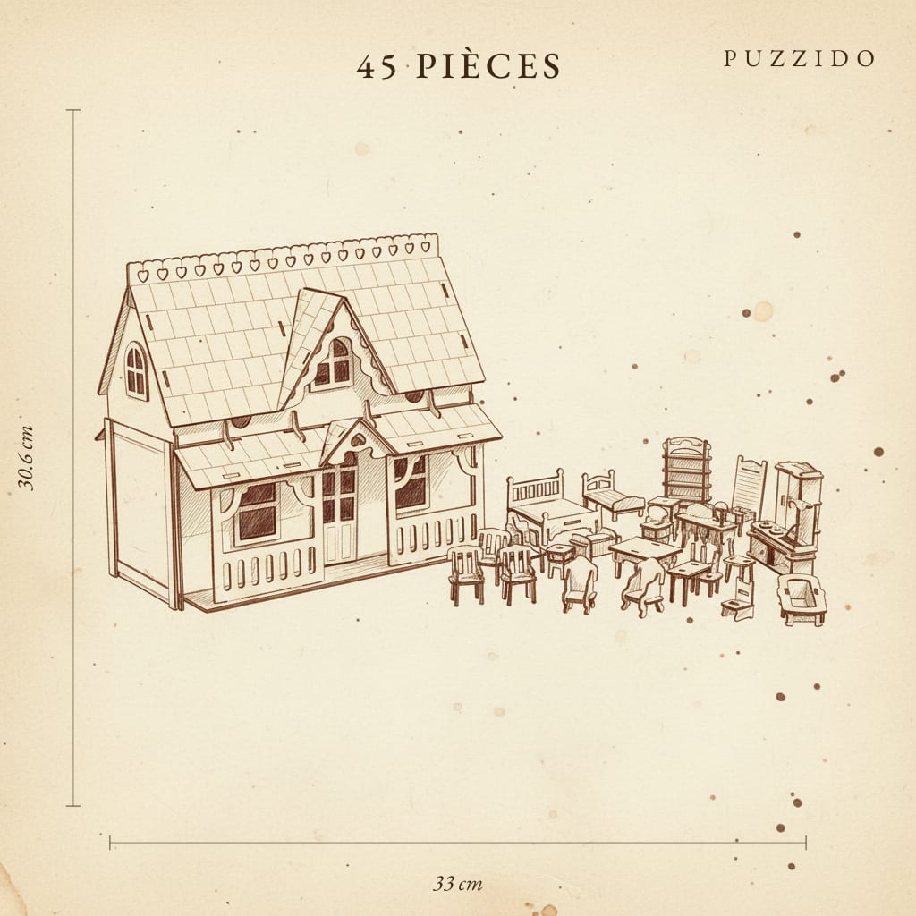 Puzzle 3D Villa de poupée + décorations — plan technique.