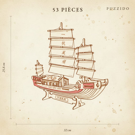 Puzzle 3D du Voilier Chinois, plan technique avec dimensions