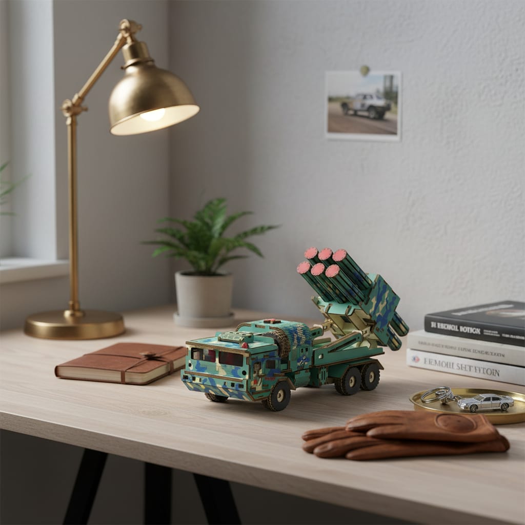 Puzzle 3D du Voiture Militaire à Missiles en Bois, placé sur une cheminée en pierre