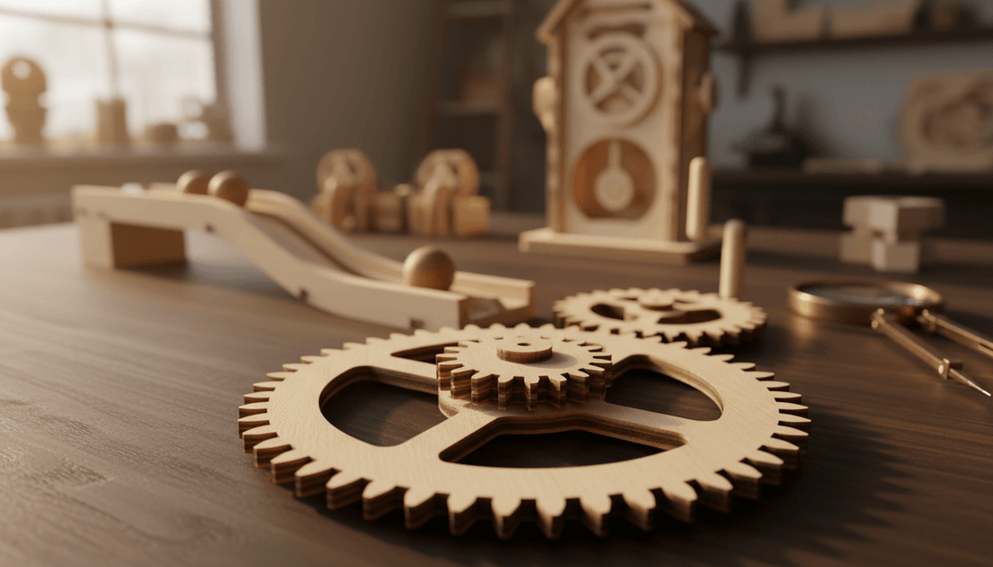 Puzzle 3D mécanique en bois — engrenages billes dynamo