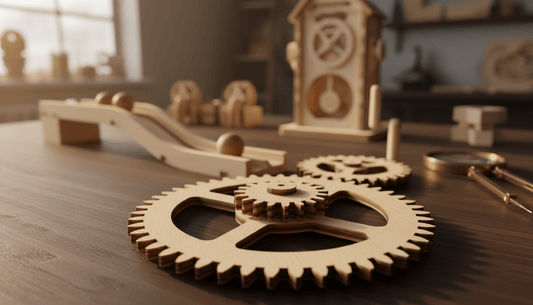 Puzzle 3D mécanique en bois : engrenages, billes et dynamo