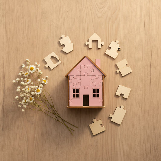 Puzzle 3D en bois idée cadeau Fête des Mères — villa rose assemblée avec pièces en contreplaqué birch