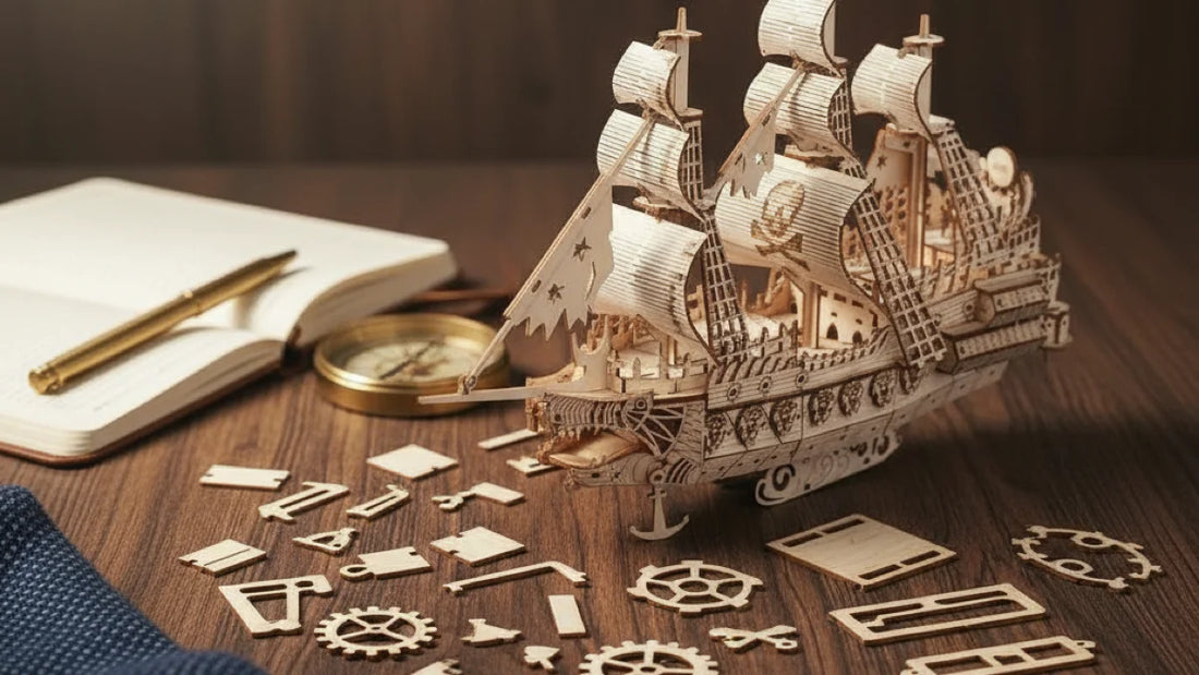 Puzzle 3D Hollandais Volant en bois avec pièces laser éparpillées sur surface bois noyer, ambiance Fête des Pères avec carnet en cuir et boussole laiton.
