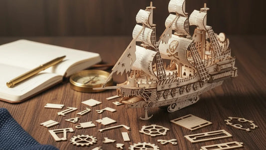 Puzzle 3D Hollandais Volant en bois avec pièces laser éparpillées sur surface bois noyer, ambiance Fête des Pères avec carnet en cuir et boussole laiton.