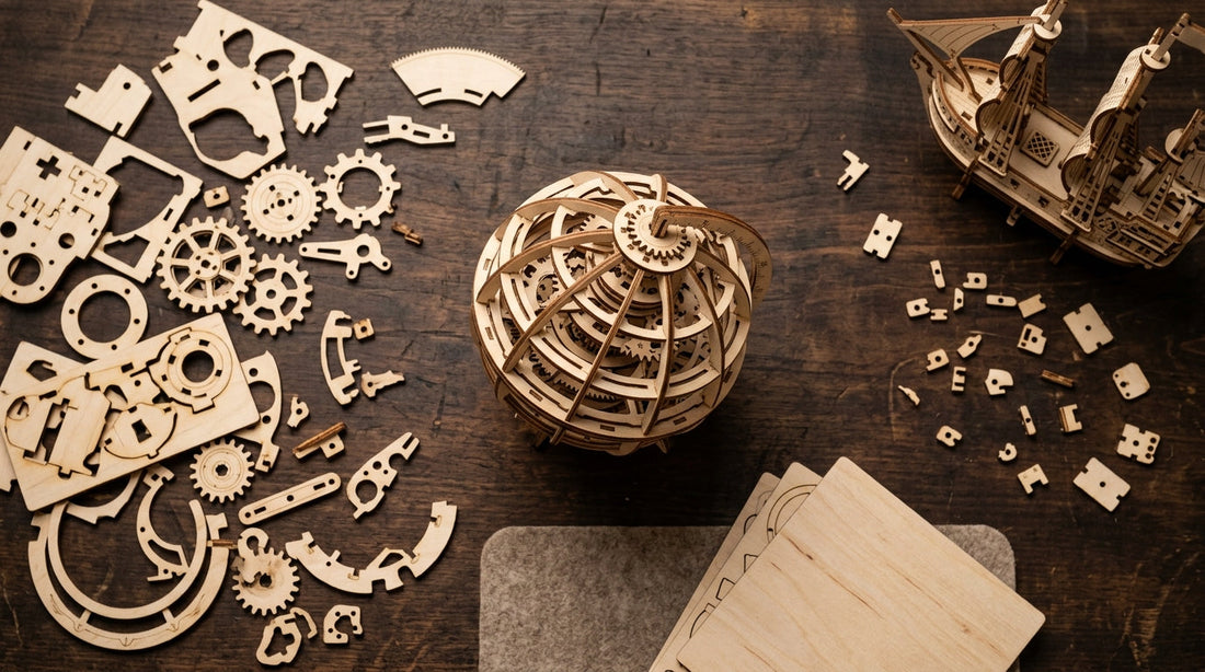 Idées cadeaux puzzles 3D en bois pour adultes — pièces en contreplaqué éparpillées sur surface bois avec détails lumineux