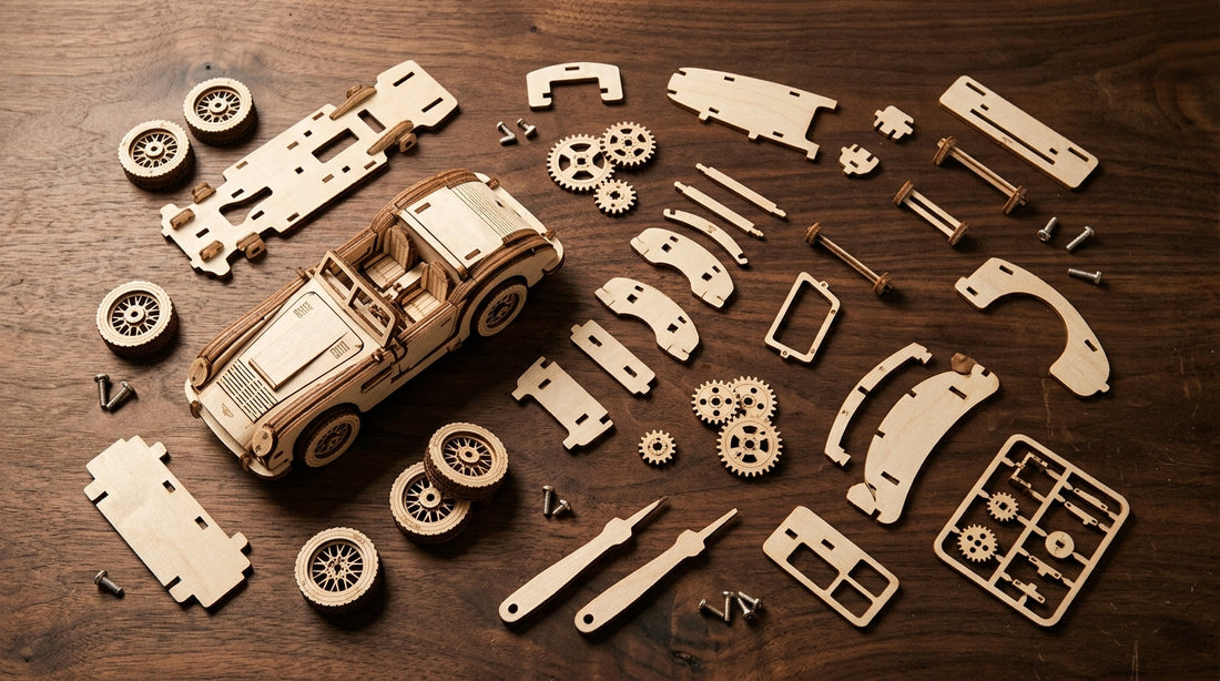 Puzzle 3D voiture en bois — pièces en contreplaqué éparpillées autour d'un modèle partiellement assemblé