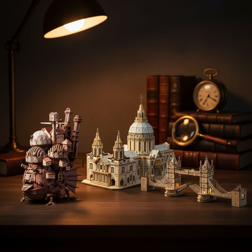 Collection Puzzle 3D Difficile — modèles experts en bois sur bureau d'étude au walnut sombre