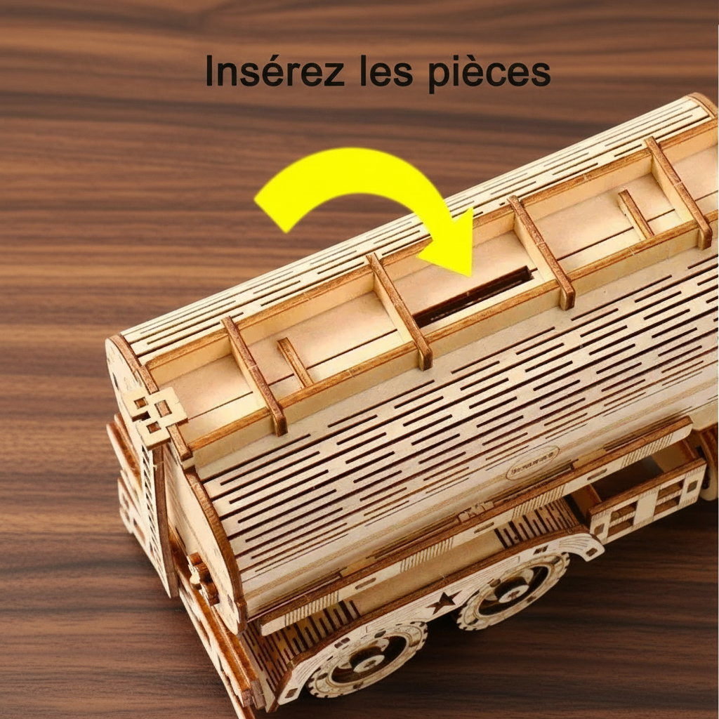 Puzzle 3D : Tirelire Camion Citerne en Bois, fente à pièces sur le toit de la citerne