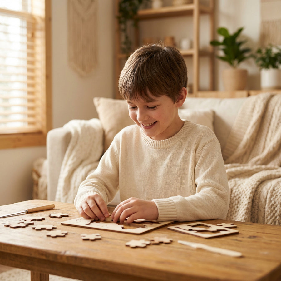 Un enfant s'amusant à fabriquer son puzzle 3d