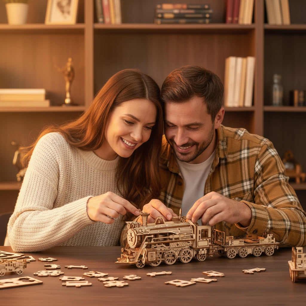 Une couple heureux s'amusant ensemble à construire leur puzzle 3d