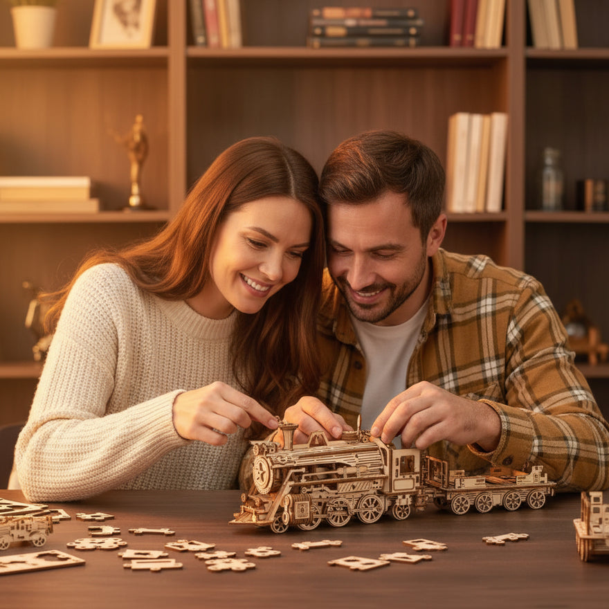 Une couple heureux s'amusant ensemble à construire leur puzzle 3d