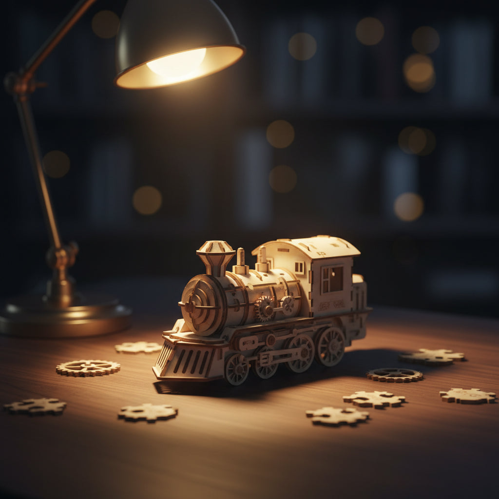 Un puzzle 3d d'un train, en construction, la nuit sur un bureau