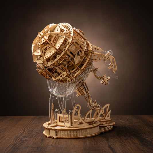 Puzzle 3D en bois de méduse mécanique sur base transparente.