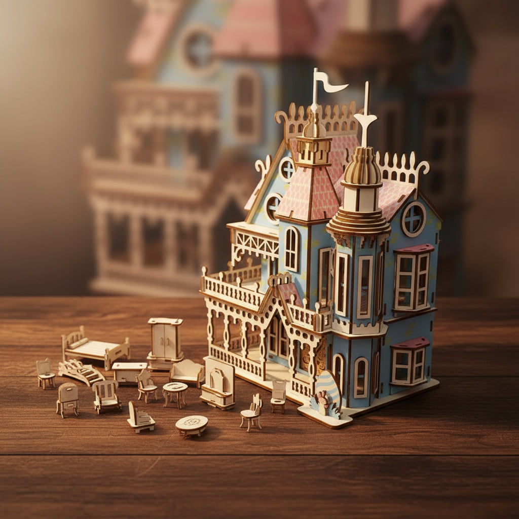 Puzzle 3d d'une Maison de poupée en bois victorienne avec ses décorations